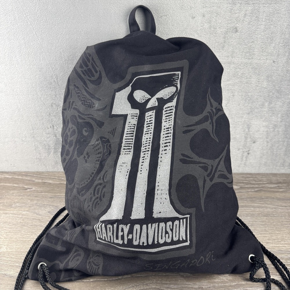 Harley-Davidson Black Canvas Backpack 16 Men Drawstring Pictorial Singapore